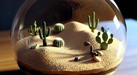 Cactuses in a glass vase. 3D illustration.の素材