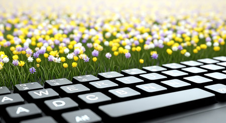 Computer keyboard on green grass and flowers. 3d rendering. Computer generated image.の素材