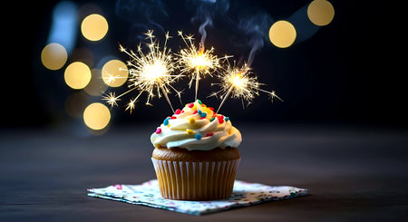 Birthday cupcake with sparklers on dark background with bokehの素材