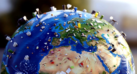 Earth globe with cranes and cranes as a symbol of global warmingの素材