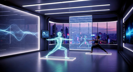 Young woman practicing yoga asana in modern interior with glowing neon lights. 3D renderingの素材