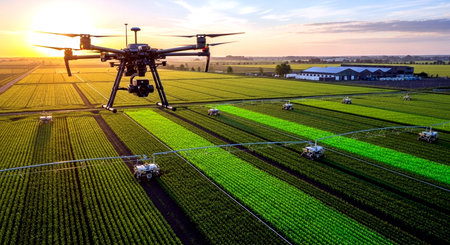 Aerial view of a drone spraying fertilizer on a field of lettuce.の素材