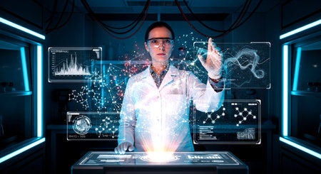 Scientist in laboratory working with futuristic interface projection on screen 3D renderingの素材