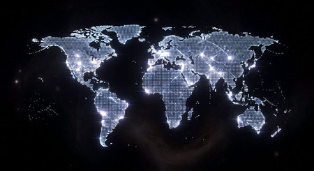 World map in space, glowing lines and dots. 3D renderingの素材