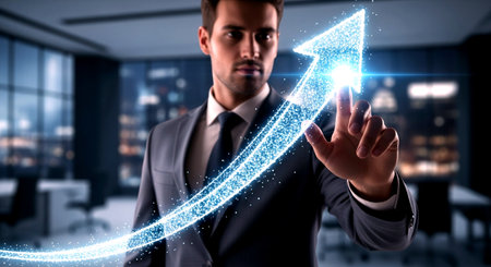 Businessman touching digital hologram arrow with his finger 3D renderingの素材