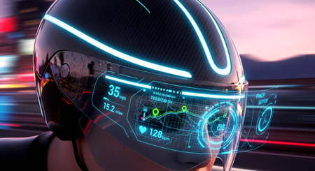 Close up of a female robot wearing a virtual reality helmet. 3D rendering.の素材