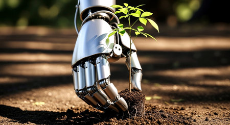 Robot hand planting a tree in the ground. Technology concept.の素材
