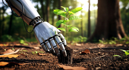 Robot hand planting tree in the ground. Technology and environment concept.の素材