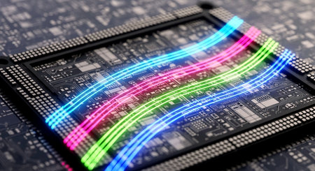 Close up of a computer processor with colorful lights. 3D Renderingの素材