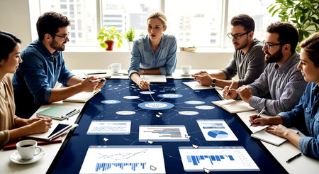 business, technology, internet and people concept - creative team with charts and graphs meeting in officeの素材