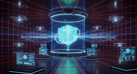 Glowing hologram cube on abstract blue background. 3D Renderingの素材