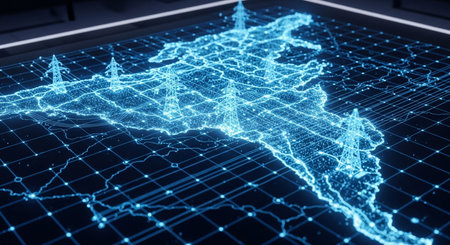 Futuristic world map with glowing lines and dots. 3d renderingの素材