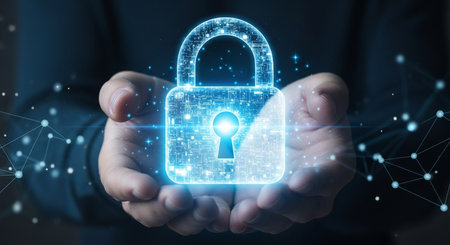 Businessman on blurred background using digital padlock to protect datas 3D renderingの素材
