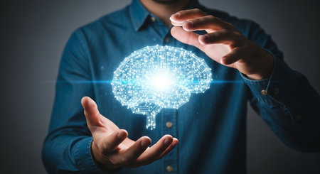 Man hand holding digital artificial intelligence brain on gray background 3D renderingの素材