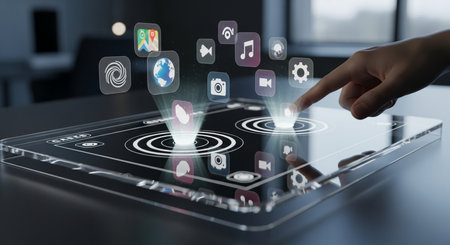 Close up of hand using tablet with applications on screen 3D renderingの素材