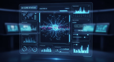 Futuristic holographic interface with charts and graphs 3D renderingの素材