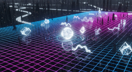 3D rendering of abstract digital hologram with cryptocurrency coins on dark backgroundの素材