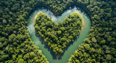 a stunning aerial view of a heart shaped island with lush green trees and a turquoise river flowing around itの素材