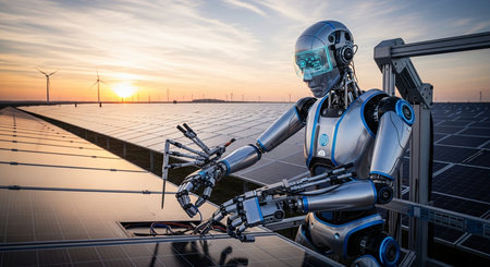 a silver robot is working on solar panels with wind turbines in the background during sunset or sunriseの素材