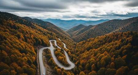 a winding road cuts through a vibrant autumn forest nestled in a mountainous landscape under a cloudy skyの素材
