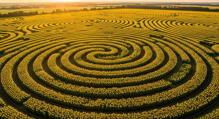 a stunning aerial shot of a sunflower field arranged in concentric circles at sunset creating a maze patternの素材