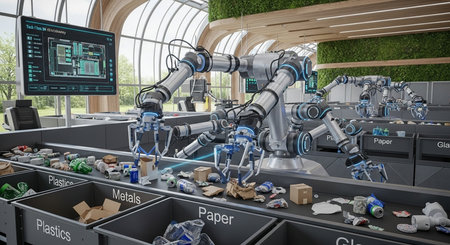robotic arms efficiently sort recycling materials on a conveyor belt in a modern recycling facility settingの素材