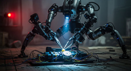 a robot carefully disarms a complex bomb with wires and a ticking clock in a dark, tense environment.の素材