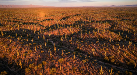 a vast desert landscape filled with saguaro cacti, bathed in the warm glow of the setting sun at duskの素材