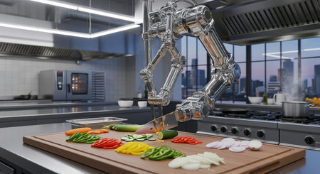 a robotic arm precisely cuts vegetables on a cutting board in a modern kitchen setting with a city viewの素材