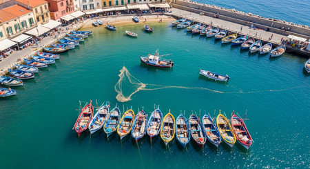 aerial shot showcases colorful boats docked in a mediterranean harbor on a sunny day with clear turquoise waterの素材