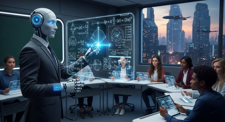 a robot is teaching a class using a transparent screen with equations in a futuristic classroom at nightの素材