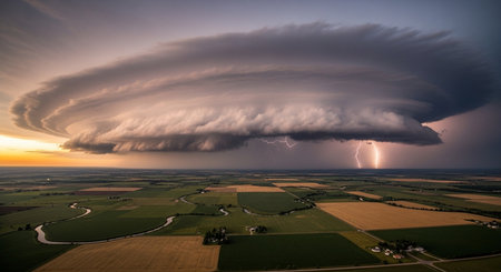 a wide view of a thunderstorm over fields with lightning strikes, creating a dramatic and powerful sceneの素材