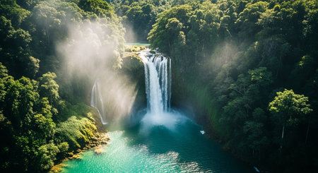 a stunning waterfall plunges into a vibrant turquoise pool, embraced by a dense, verdant tropical forestの素材