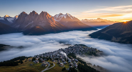 a village nestled in a valley with fog, surrounded by mountains, captured at sunrise with a beautiful skyの素材