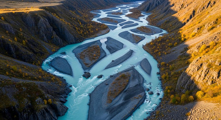 Aerial view of the river in Altai mountains, Siberia, Russiaの素材