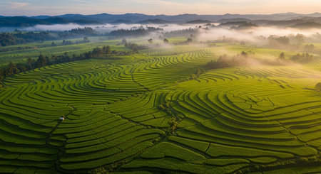 Aerial view of beautiful green rice terraces fields in sunrise.の素材