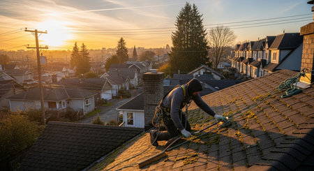 A man working on the roof of a residential building in the sunsetの素材
