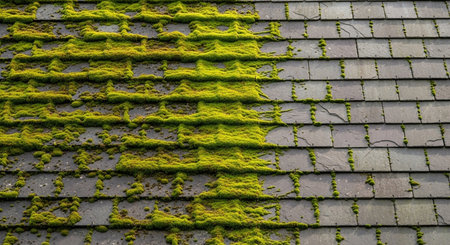 a close up shows moss growing on a roof, highlighting texture and detail of the roofing material itselfの素材