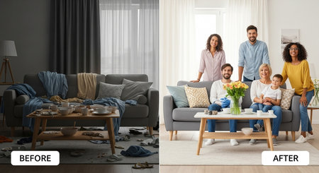 a before and after showing a family in a clean living room after cleaning up the messy before sceneの素材