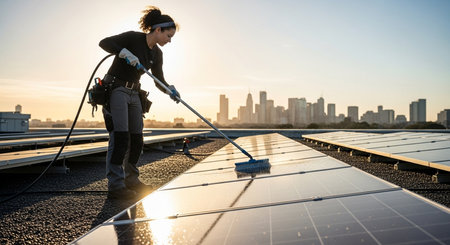 a woman is cleaning solar panels on a rooftop with a skyline in the background during the day time lightの素材