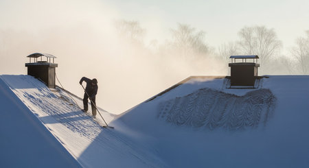 a man is removing snow from the roof of a building with a rake in a cold and foggy winter landscapeの素材