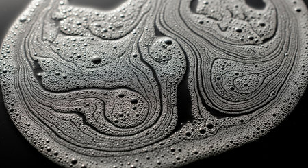a close up shot of foamy liquid with swirling patterns and bubbles on a dark textured surface backgroundの素材