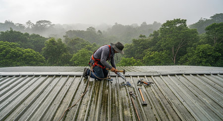 a roofer on a metal roof in the rain, wearing a harness, with tools and a forest in the backgroundの素材