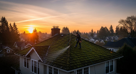 a man is power washing a mossy roof at sunset with trees and houses in the background aerial view shotの素材