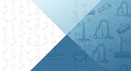a background with cleaning supplies in a diagonal split design, featuring white and blue tones throughout itの素材