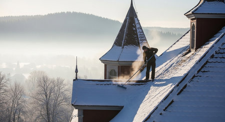 A man is cleaning snow from the roof of a house in winter.の素材