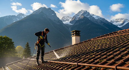 a man cleans a mossy roof with a pressure washer, wearing a safety harness, mountains in the backgroundの素材