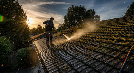 a man power washing a roof covered in moss and lichen with the sun setting in the background with treesの素材
