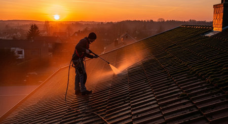 a man is power washing roof tiles at sunset with a safety harness and hose in a neighborhood settingの素材
