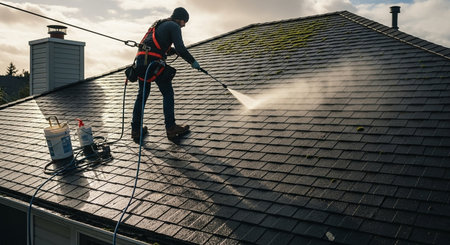 a worker on a roof pressure washing the shingles with safety gear and equipment visible on the roof surfaceの素材